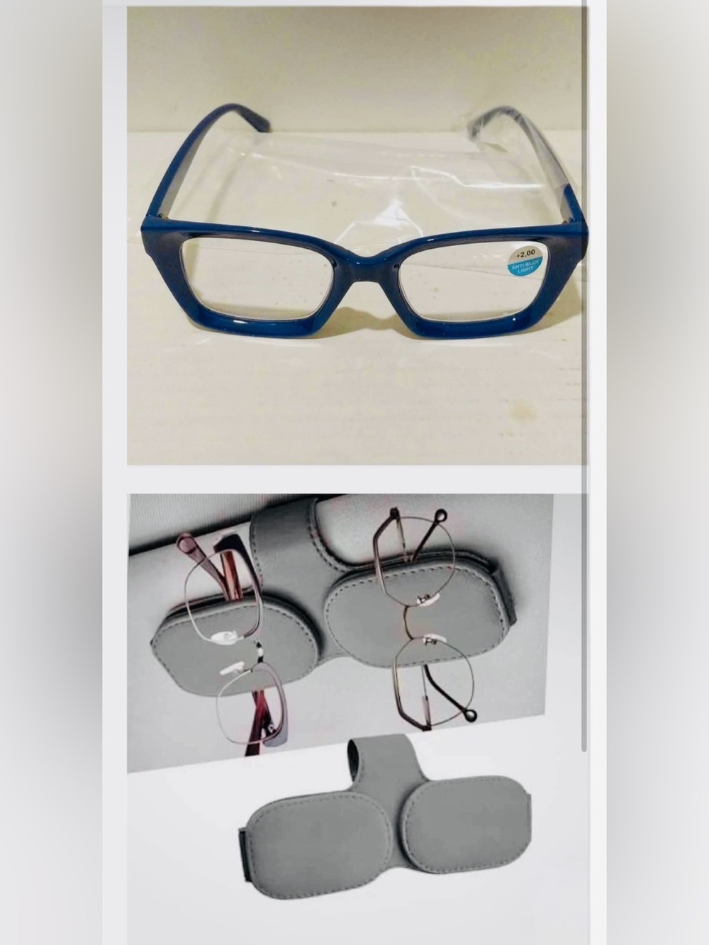 Stylish Oversized Blue Anti-Blue Light Reading Glasses +2.00+ Holder for Car NWT